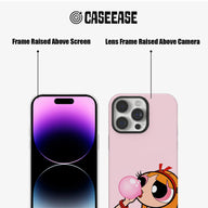 Pink cartoon phone case shown front and back with raised screen and camera frames