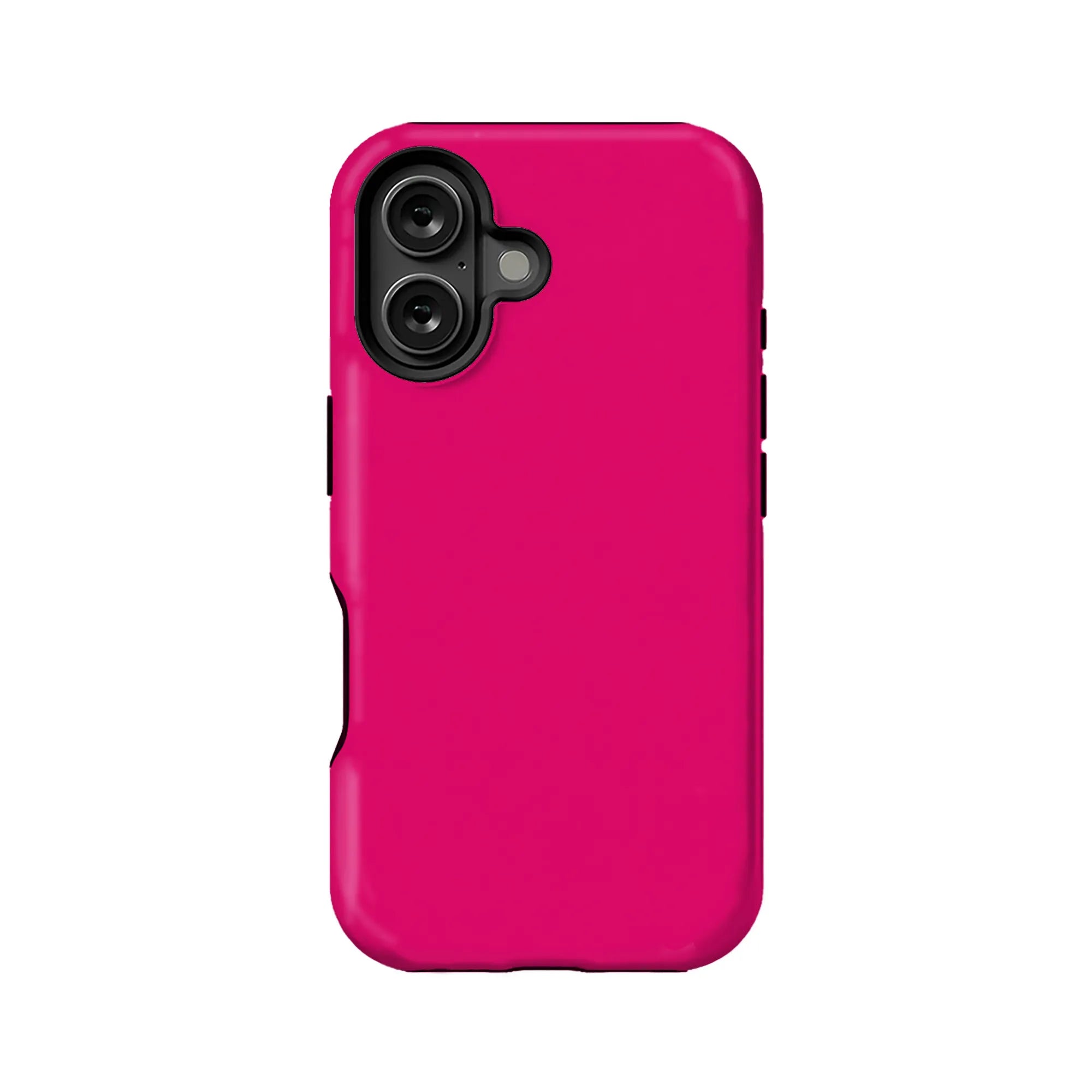 Hot pink plastic phone case with black camera cutout, rear product view
