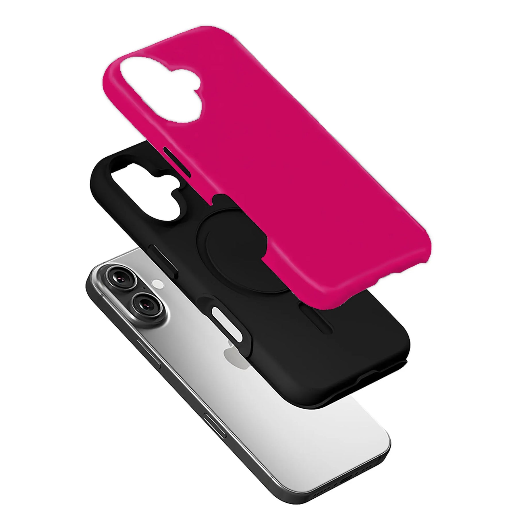Magenta and black layered phone case shown exploded above smartphone, angled product display