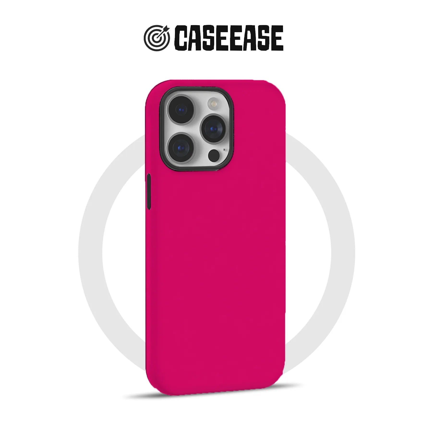 Hot pink CASEEASE phone case, rear angle with triple camera cutout for Shopify store