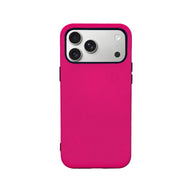 Hot pink phone case with black buttons shown from rear product angle