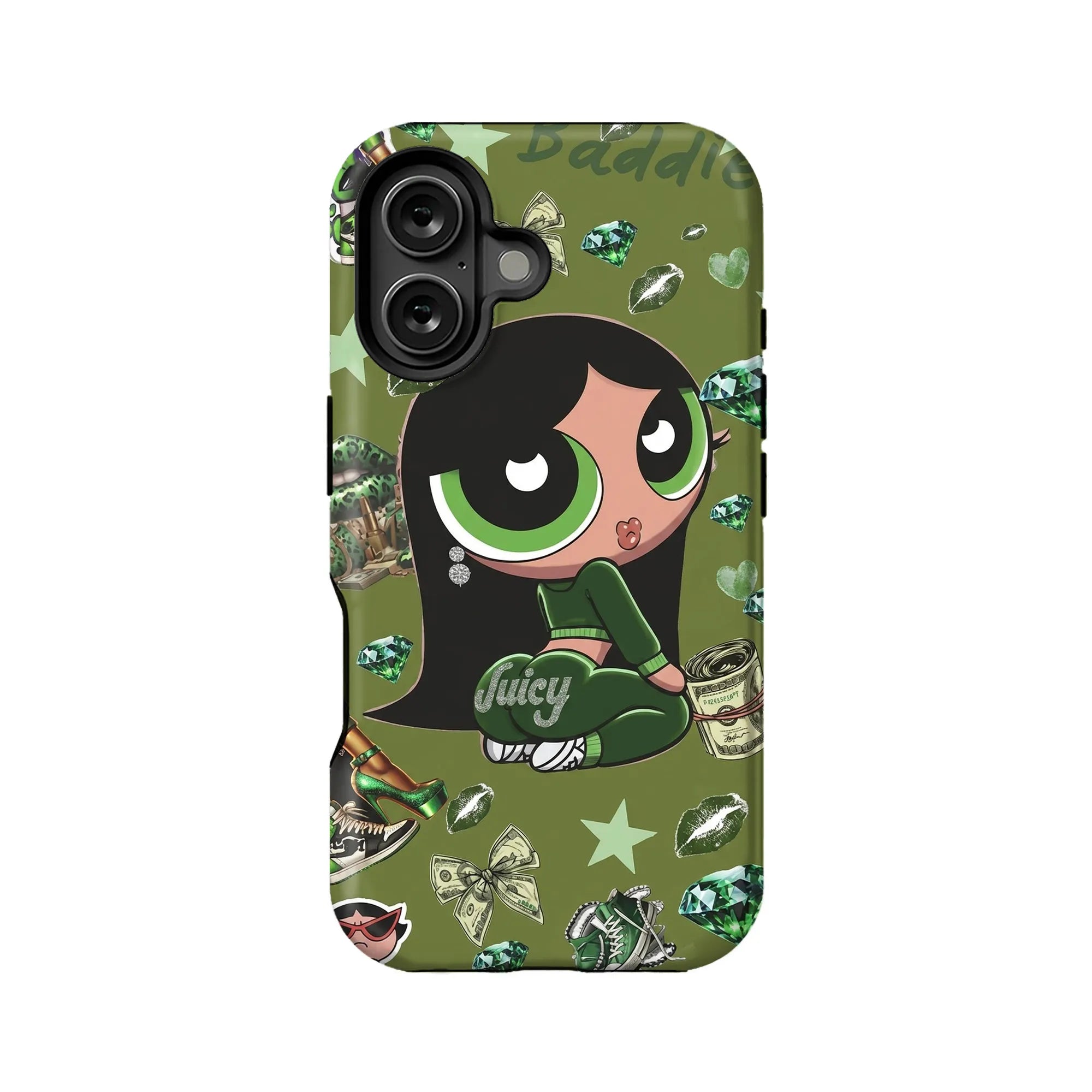 Olive green cartoon girl phone case, rear view with gems and dollar motifs
