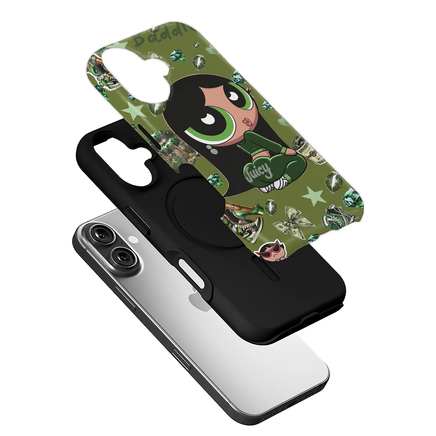 Green cartoon character phone case with black bumper shown angled above smartphone