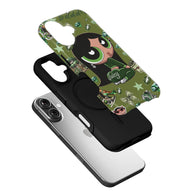 Green cartoon character phone case with black bumper shown angled above smartphone