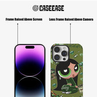 Green cartoon phone case front and rear close-up showing raised camera and screen frames
