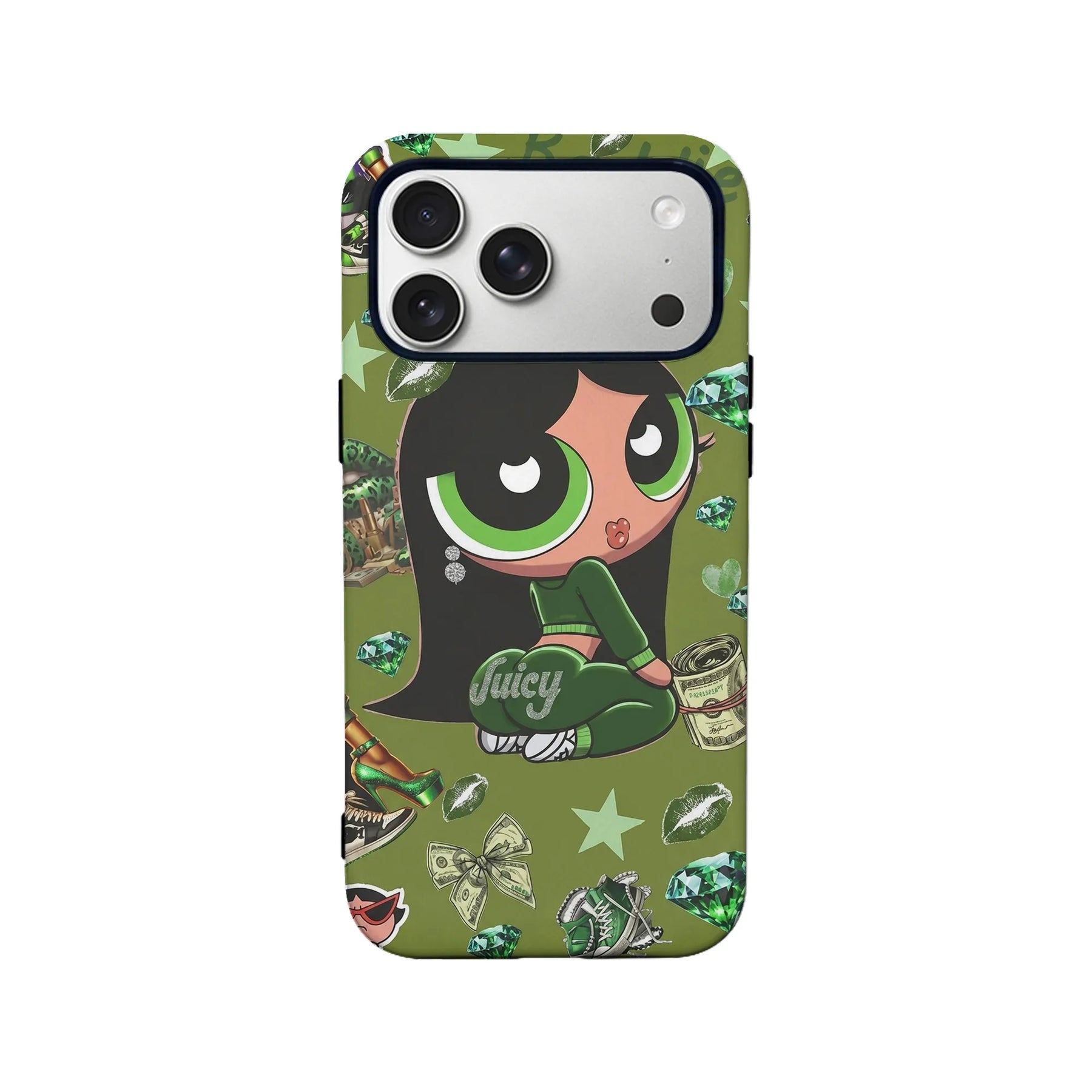 Green cartoon girl phone case with gem and money motifs, rear product angle
