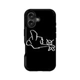 Black phone case with white abstract line art, rear view product display