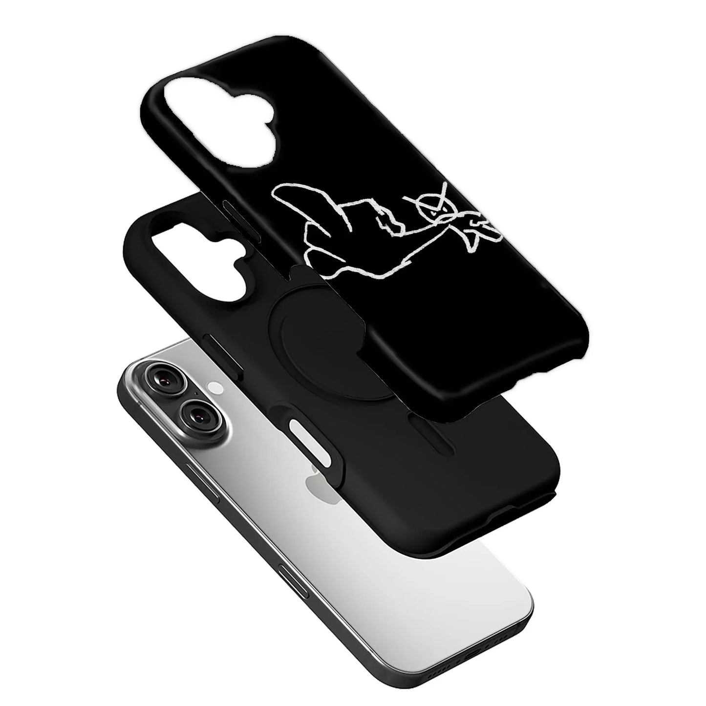 Black phone case with white line art, angled exploded view over smartphone