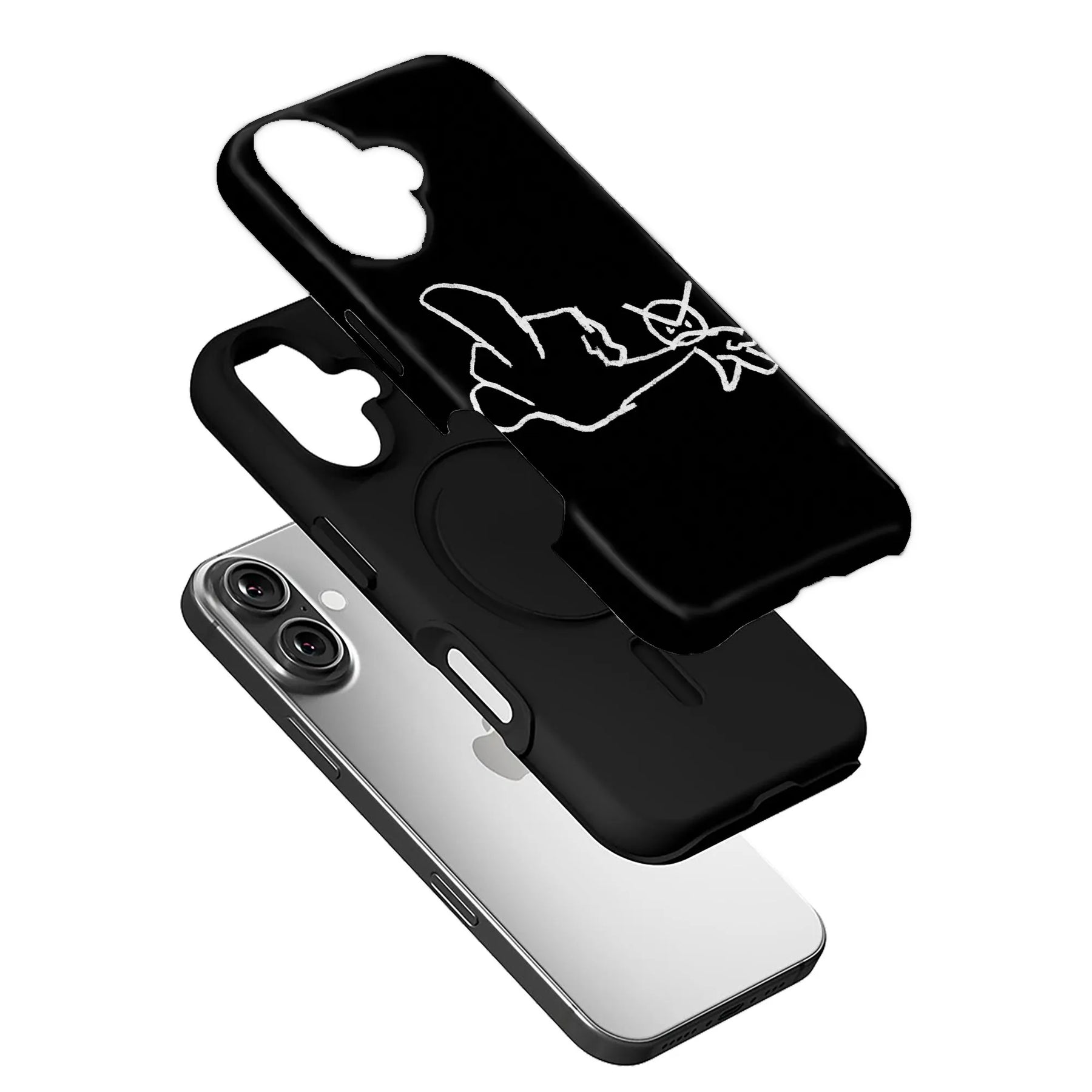 Black phone case with white line art, angled exploded view over smartphone