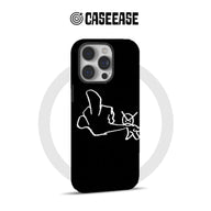 Black CASEEASE phone case with white line art, rear product angle