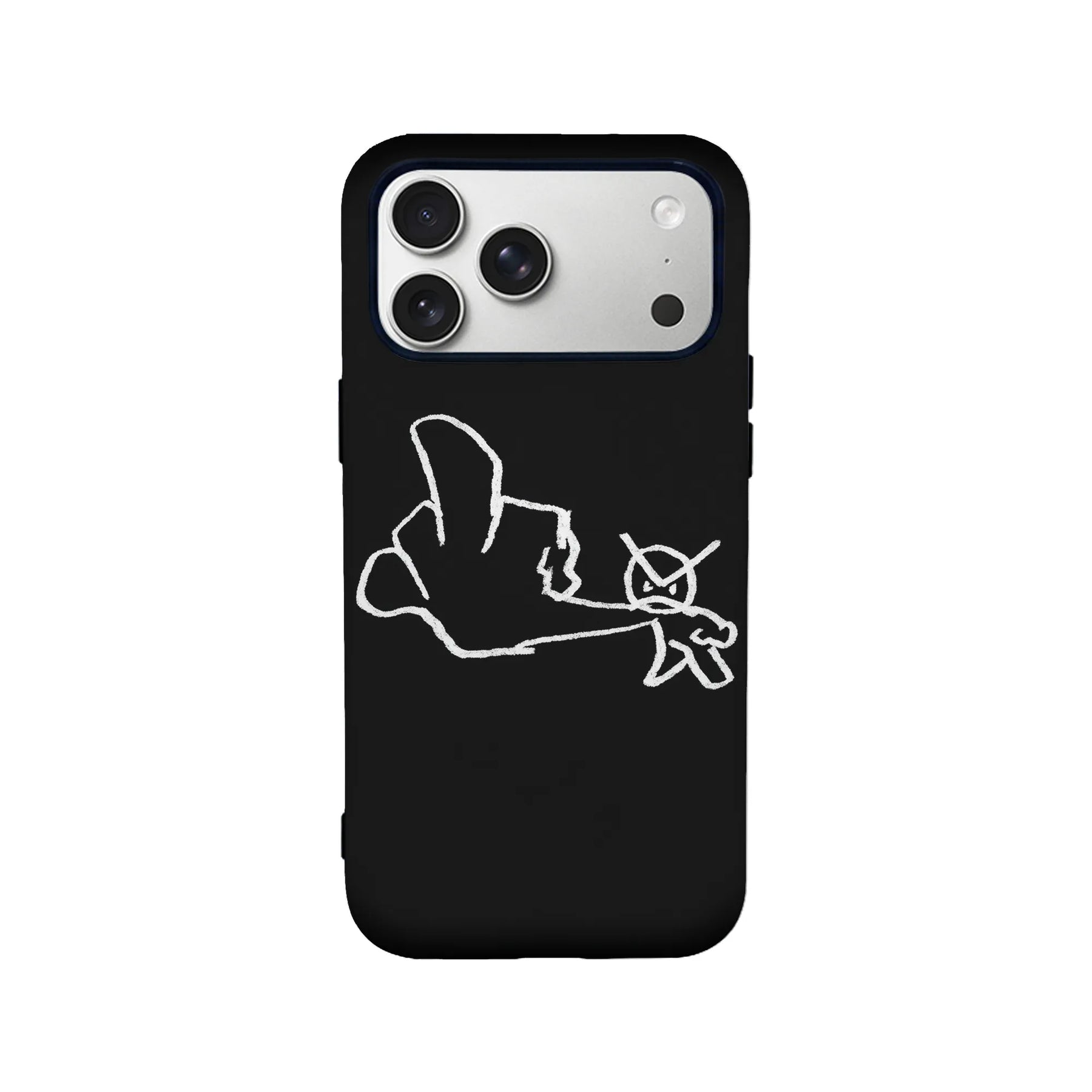 Black iPhone case with white sketch design, rear product angle with camera cutout