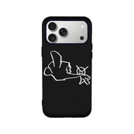 Black iPhone case with white sketch design, rear product angle with camera cutout