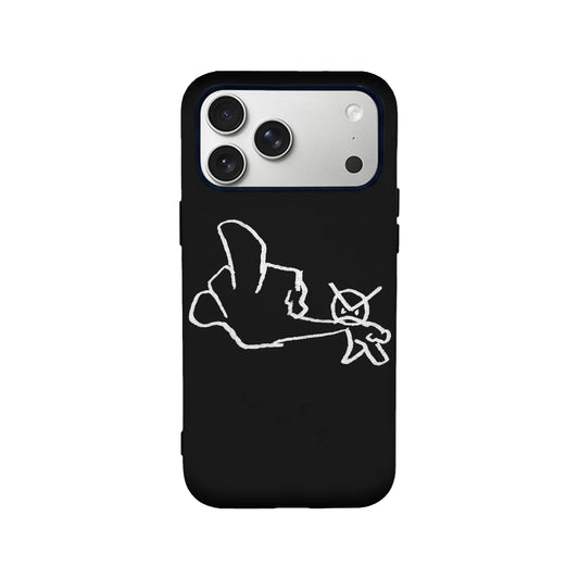 Black iPhone case with white sketch design, rear product angle with camera cutout