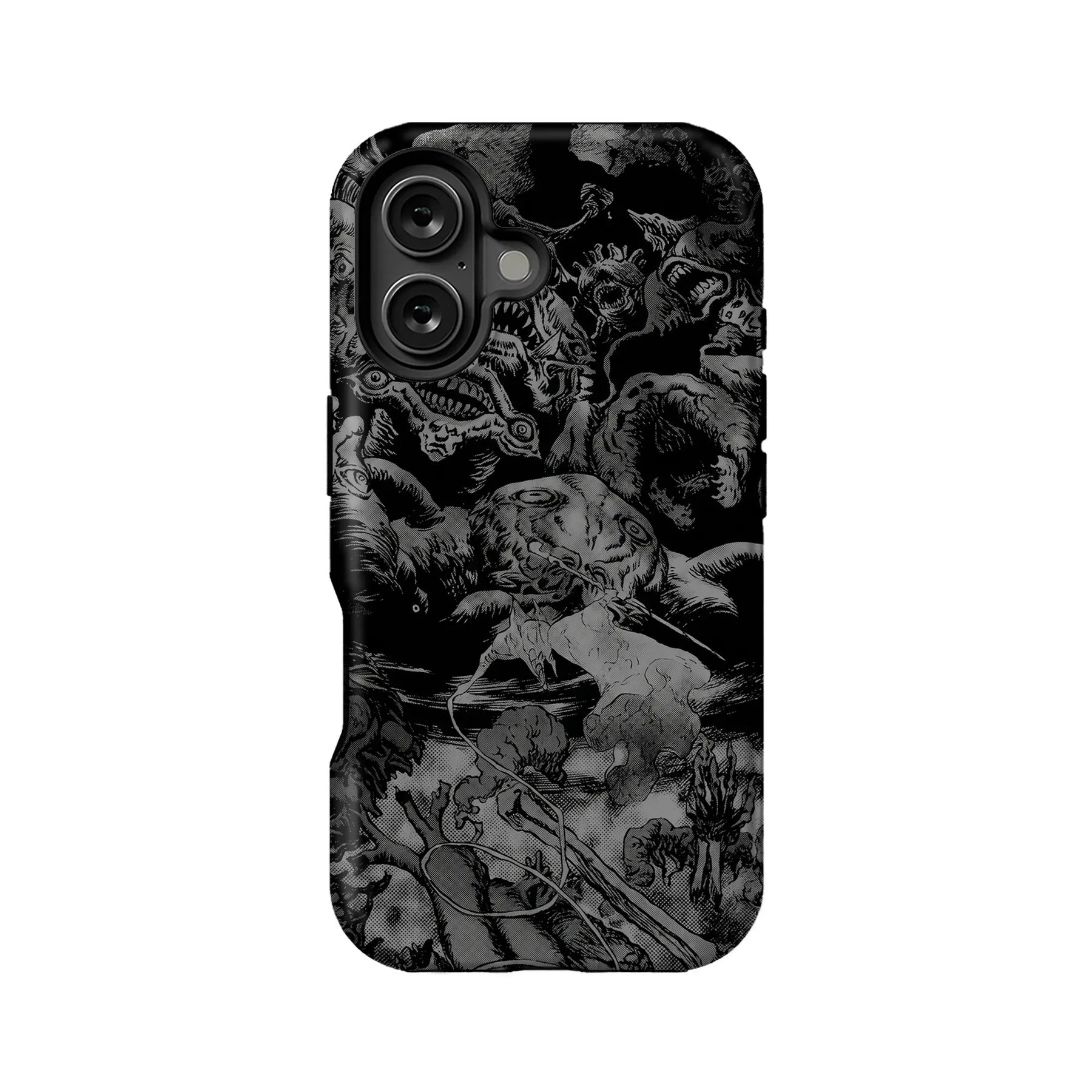 Black and gray manga horror phone case, back view with dual camera cutout