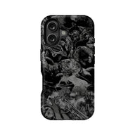 Black and gray manga horror phone case, back view with dual camera cutout