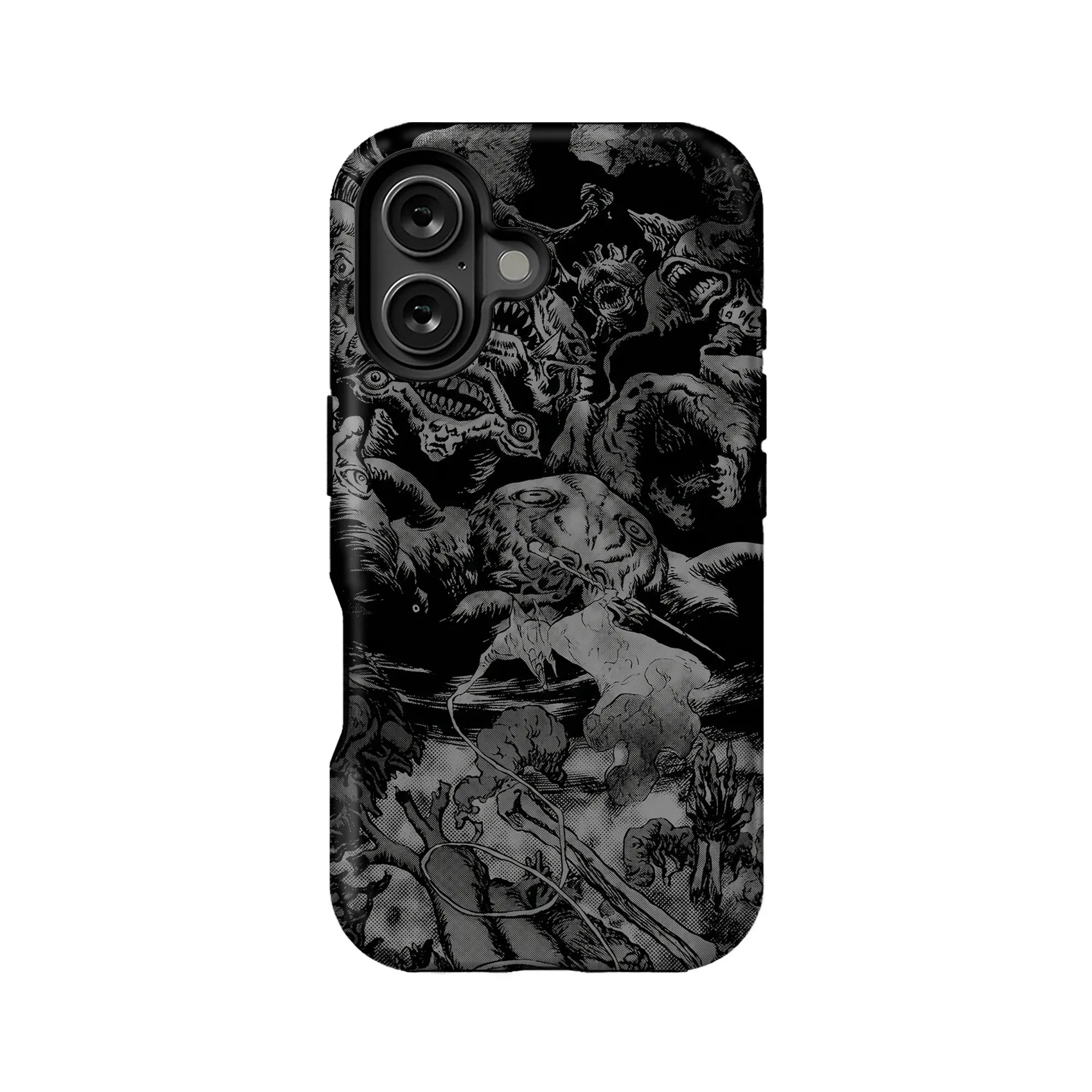 Black and gray manga horror phone case, back view with dual camera cutout