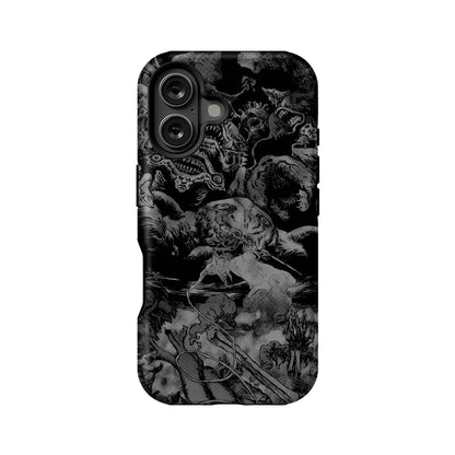 Black and gray manga horror phone case, back view with dual camera cutout