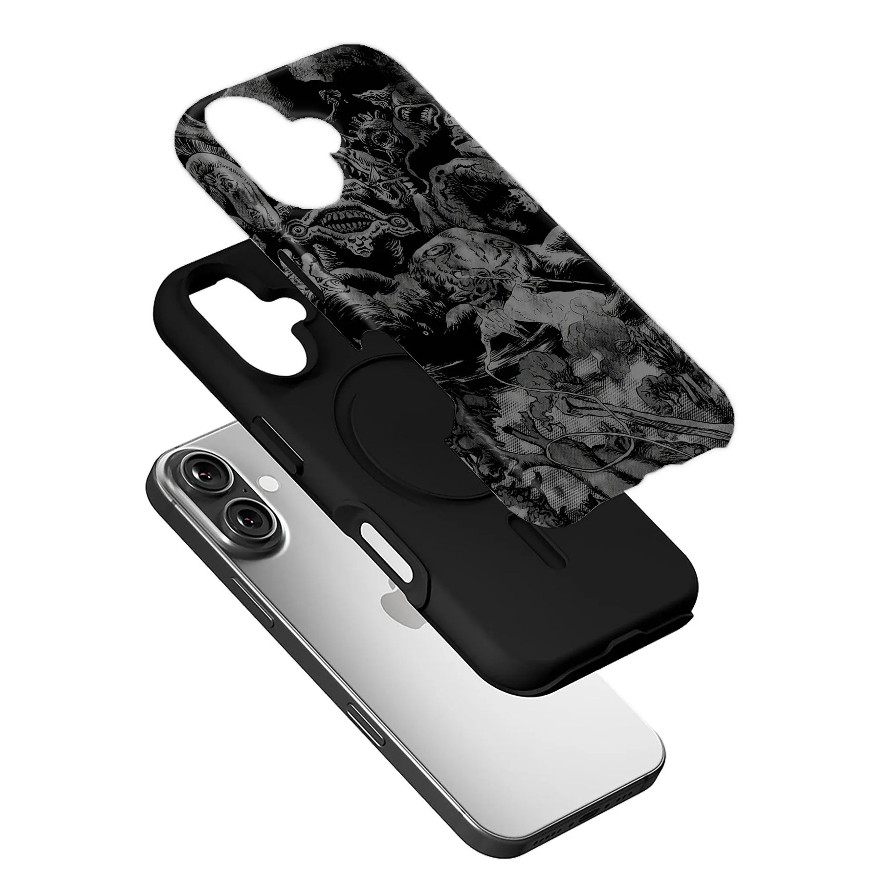 Black phone case with gray skull artwork shown angled above silver smartphone