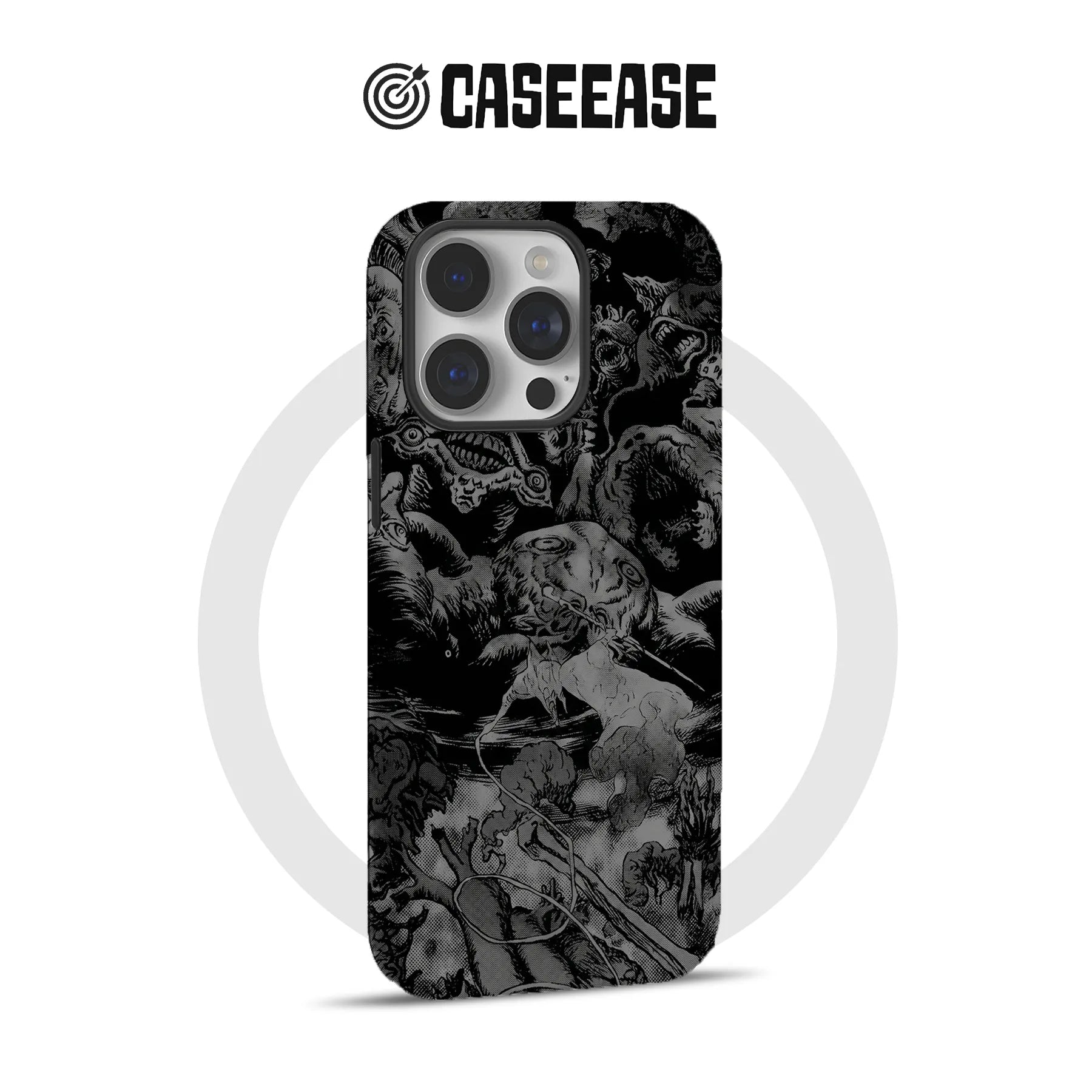 Black and gray horror illustration iPhone case, rear angle with triple camera cutout