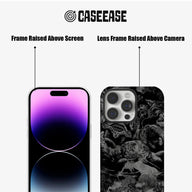 Black gray patterned phone case front and rear close-up showing raised screen and camera frames