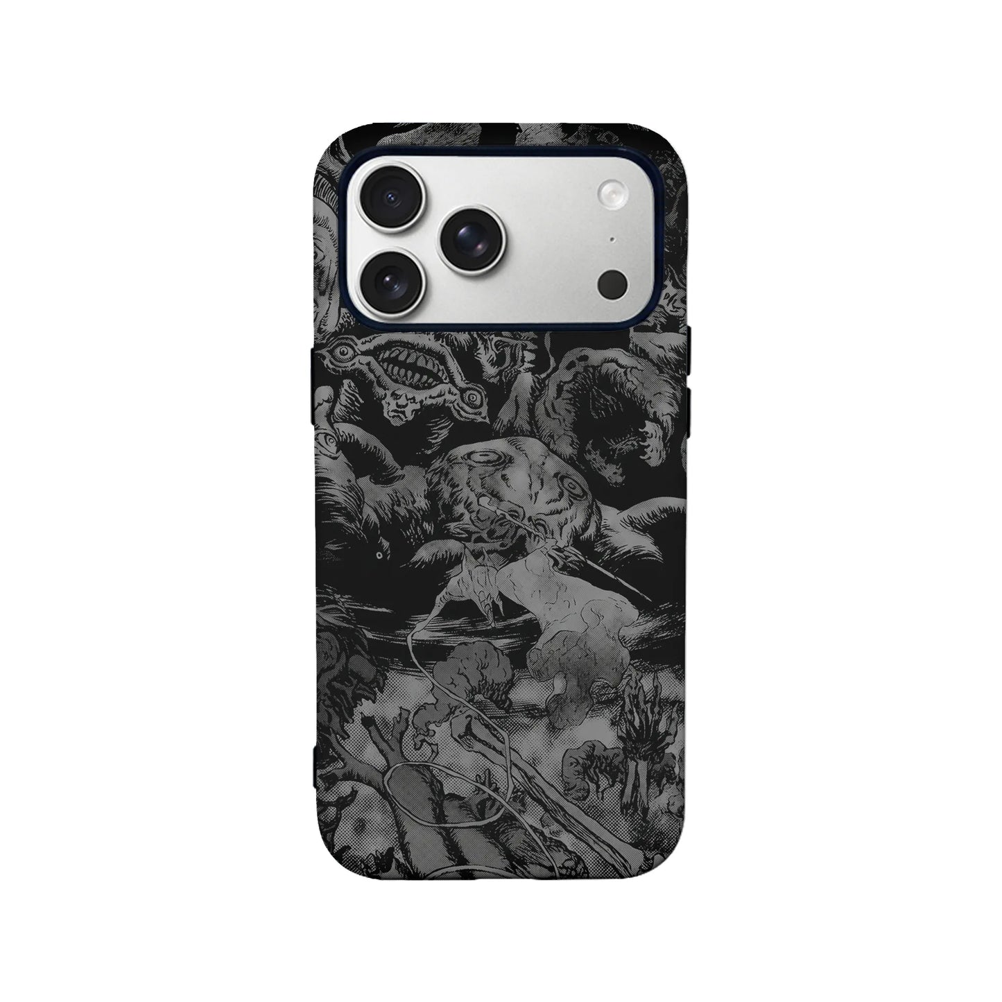 Black and gray manga-style phone case shown from back with camera cutout