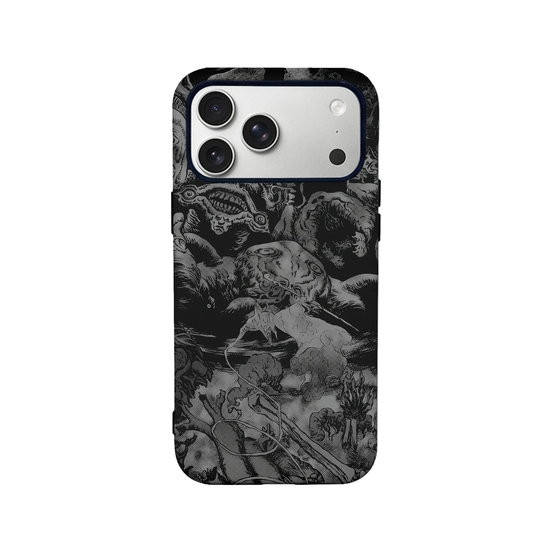 Black and gray manga-style phone case shown from back with camera cutout