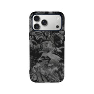 Black and gray manga-style phone case shown from back with camera cutout