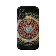 Black phone case with gold and red circular script design, rear angle