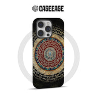 Black CASEEASE phone case with red gold mandala design, rear product view