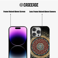 Black patterned phone case with raised camera and screen frames, front and rear view