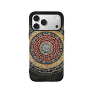 Black phone case with red and gold circular script design, rear product view