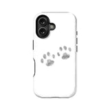 White phone case with gray paw print design shown from back angle