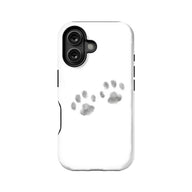 White phone case with gray paw print design shown from back angle