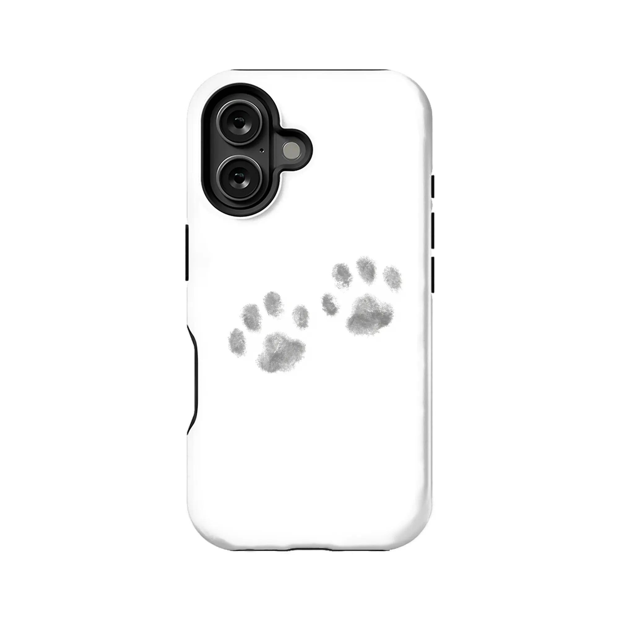 White phone case with gray paw print design shown from back angle