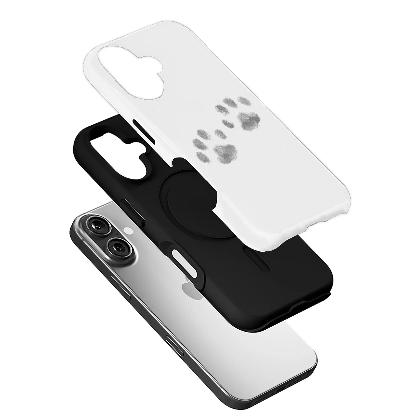 Black and white paw print phone case shown exploded above smartphone