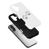 Black and white paw print phone case shown exploded above smartphone