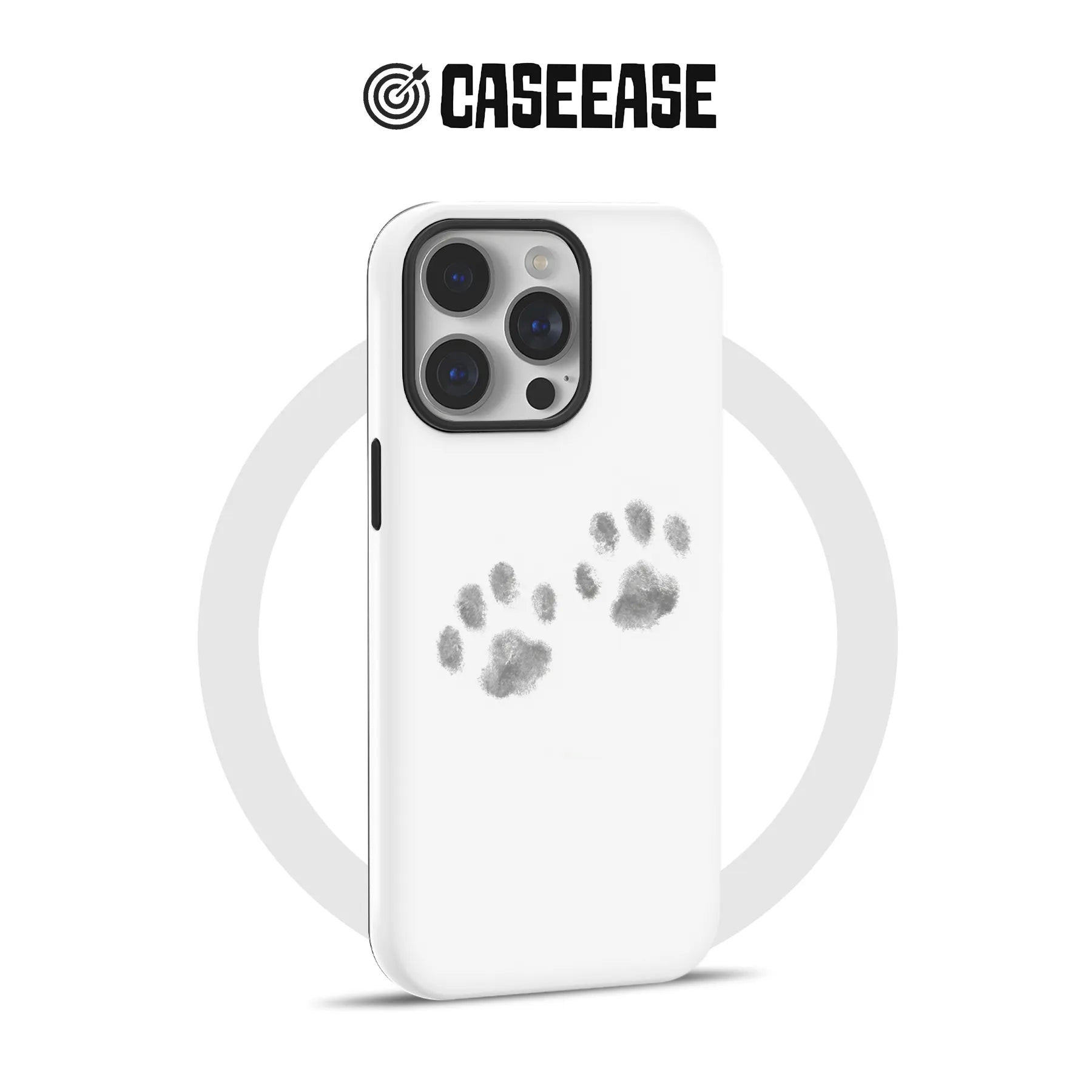 White CASEEASE phone case with gray paw prints, rear angled product display