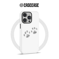 White CASEEASE phone case with gray paw prints, rear angled product display