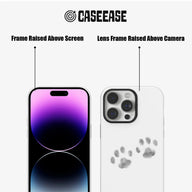 White paw print phone case front and back showing raised screen and camera frames