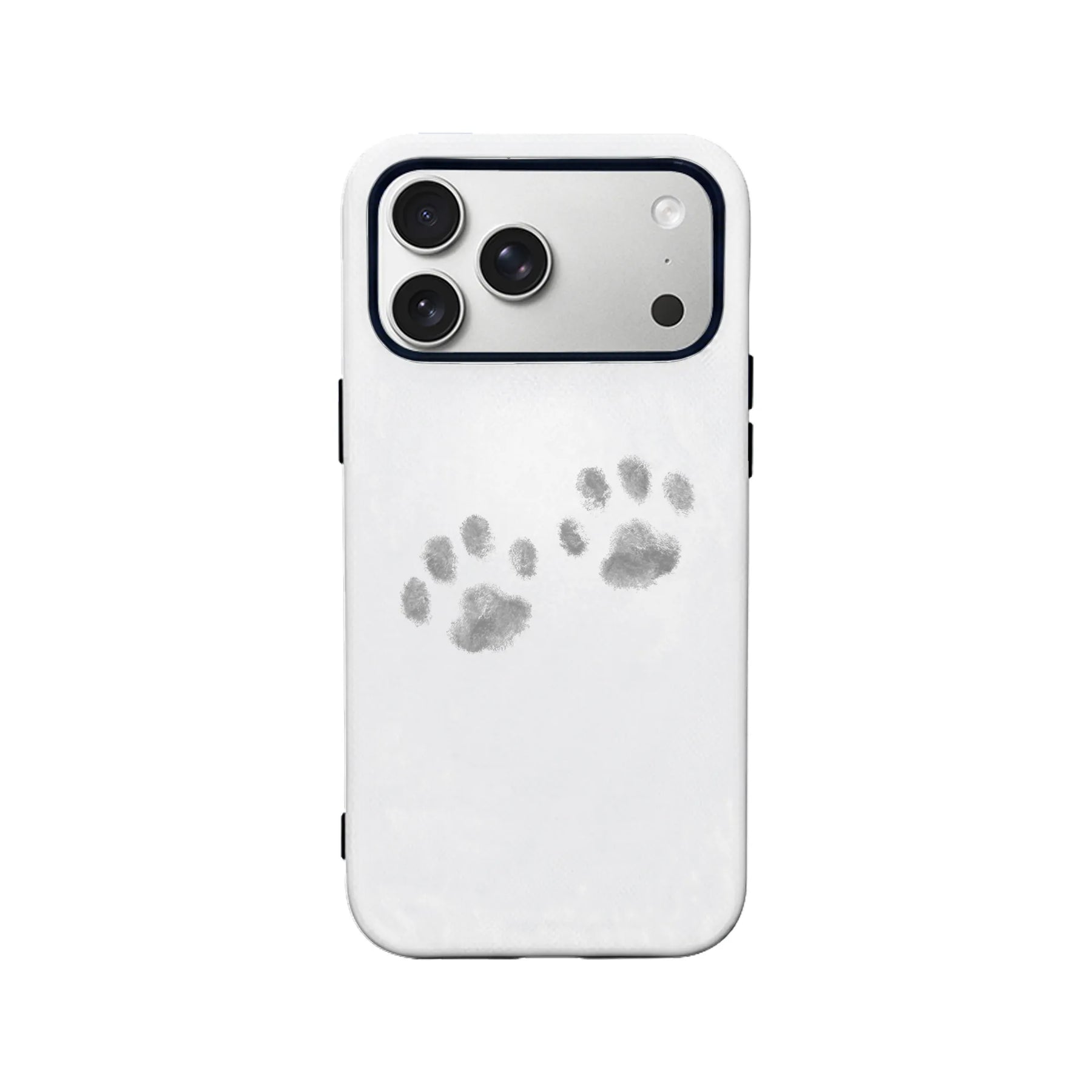 White smartphone case with gray paw prints, rear view showing camera cutout
