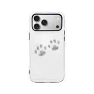 White smartphone case with gray paw prints, rear view showing camera cutout