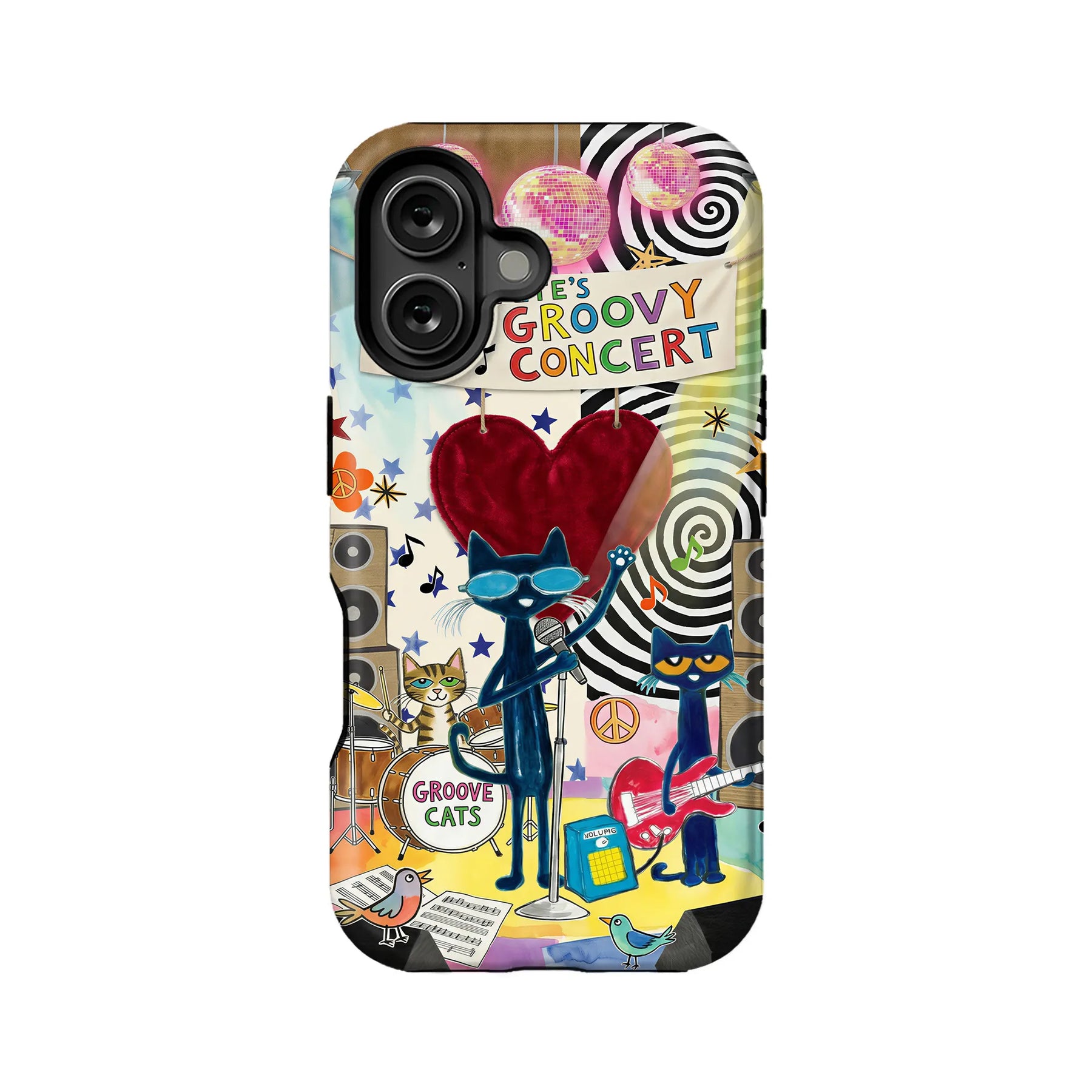 Colorful groovy cats concert illustrated phone case, back view with camera cutout