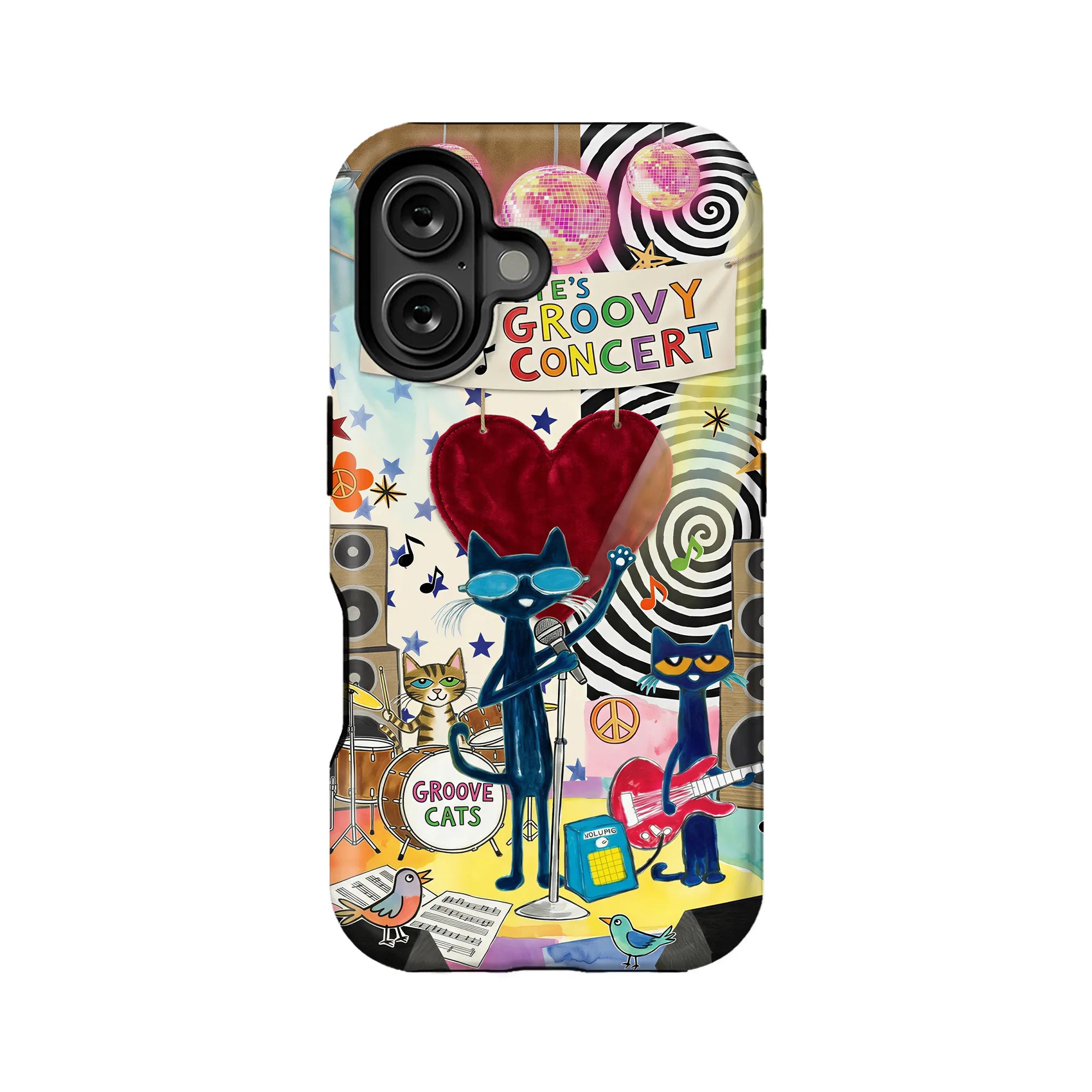 Colorful groovy cats concert illustrated phone case, back view with camera cutout
