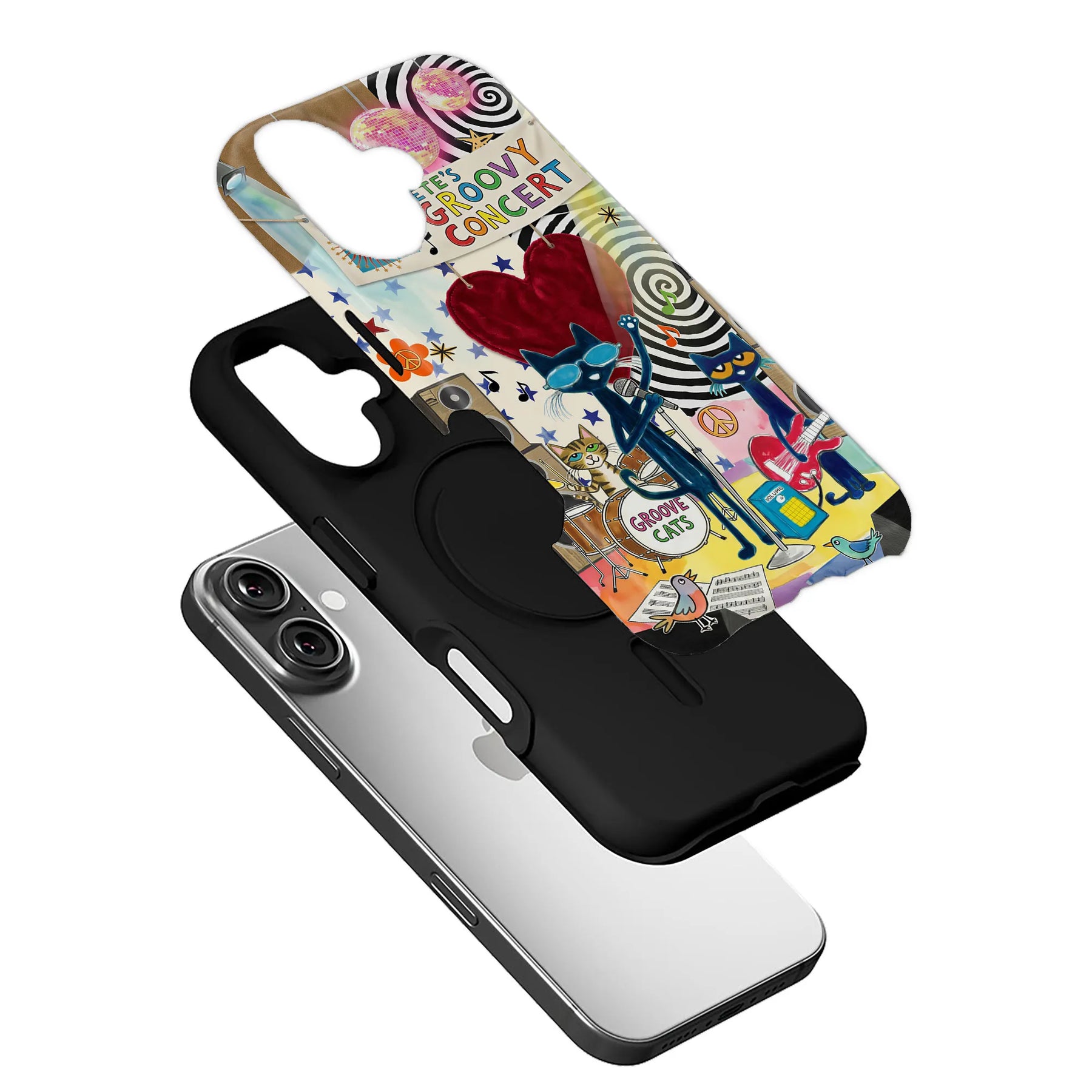 Colorful groovy cats phone case with black shell shown angled above smartphone