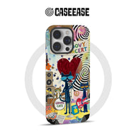 Colorful illustrated cat concert phone case, rear angle with camera cutout