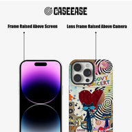 Colorful groovy cat phone case front and back close-up with raised black frames