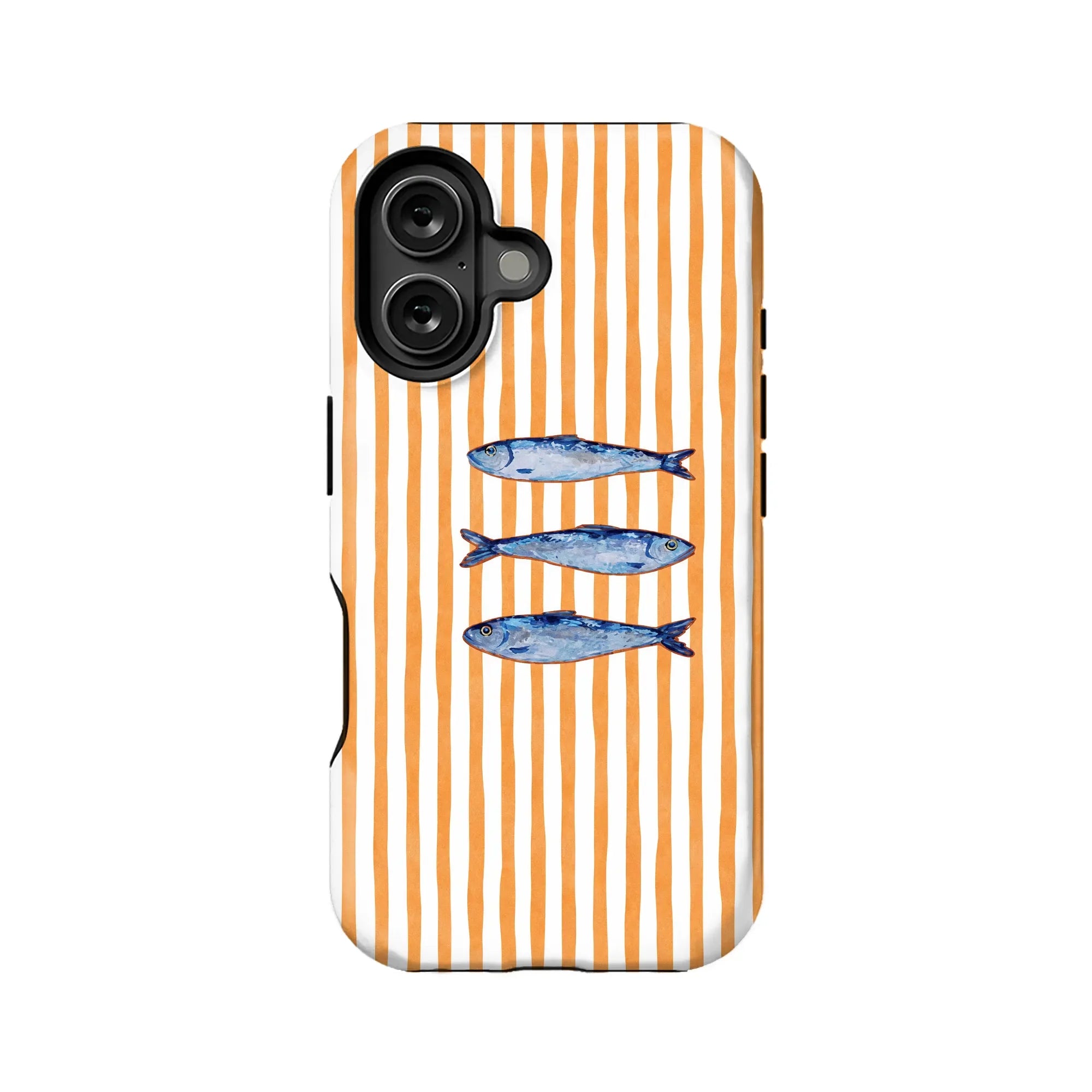 Orange striped phone case with blue fish design, rear angle for smartphone accessory