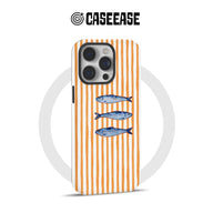 Orange and white striped CASEEASE phone case with blue fish design, rear view