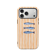 Orange and white striped phone case with blue fish design, shown from rear