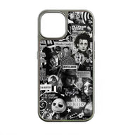 Silver phone case with black-and-white Tim Burton film collage, rear product view